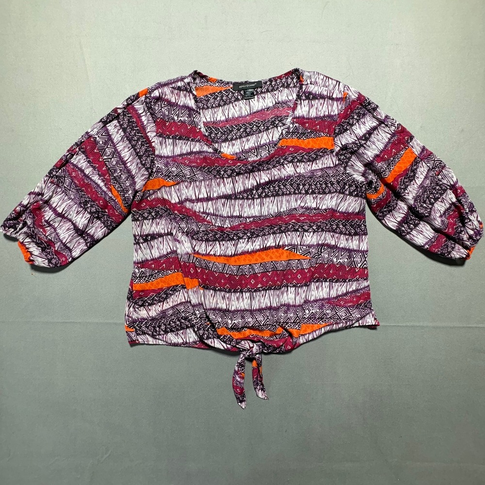 Ashley Stewart Womens Plus Size 18/20 Tie Front Blouse Purple Orange Tribal Top